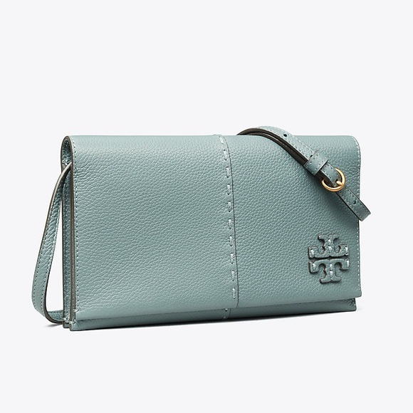New Tory Burch McGraw Wallet Crossbody Celadon Blue